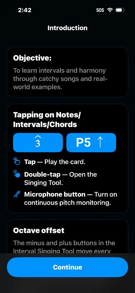 iPhone introduction screen describing interval and harmony practice, with a Continue button
