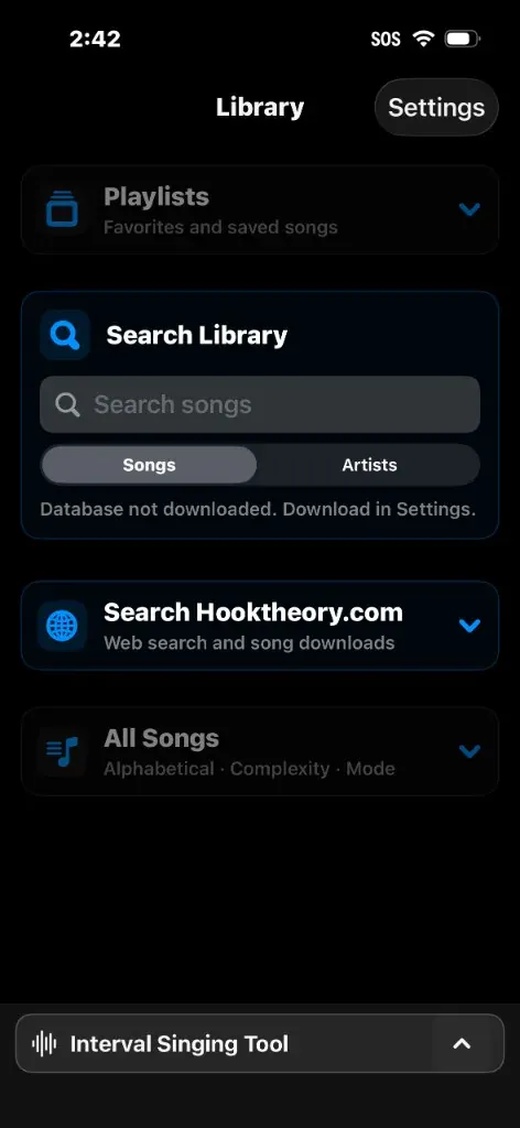 iPhone library with playlists, catalog search, Hooktheory search, All Songs browse, and the interval singing tool
