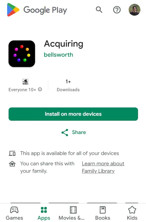 Google Play listing for Acquiring by bellsworth, showing the colored-sphere app icon and an Install button