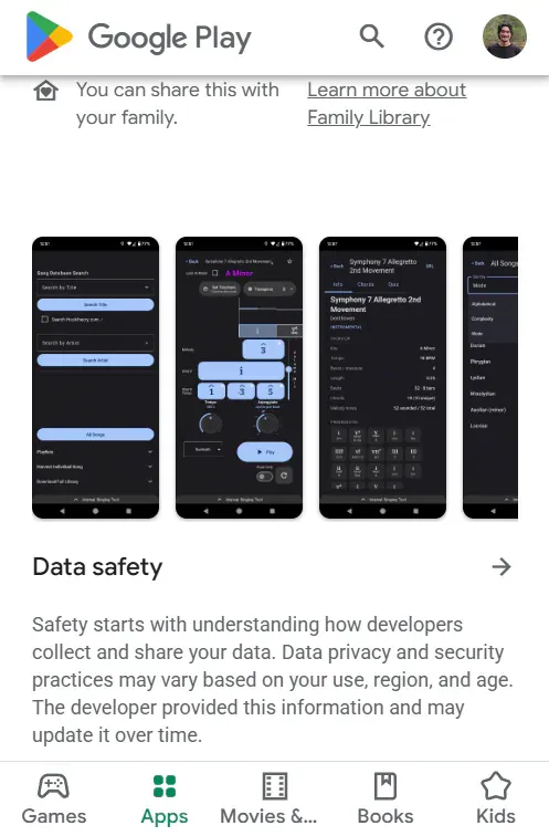 Google Play phone previews of Acquiring: song library search, an A-minor quiz, Symphony 7 Allegretto, and All Songs