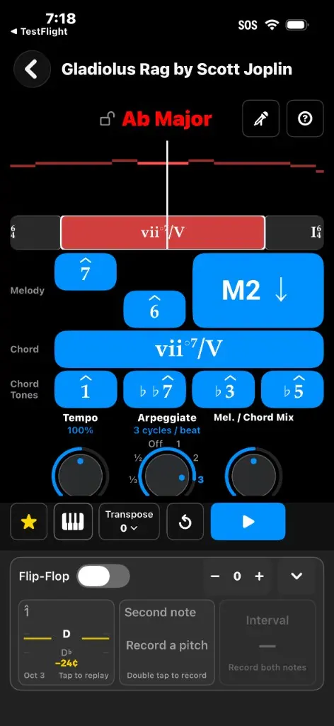 iPhone quiz for Gladiolus Rag in A-flat major, showing a diminished seventh of V and interval singing slots