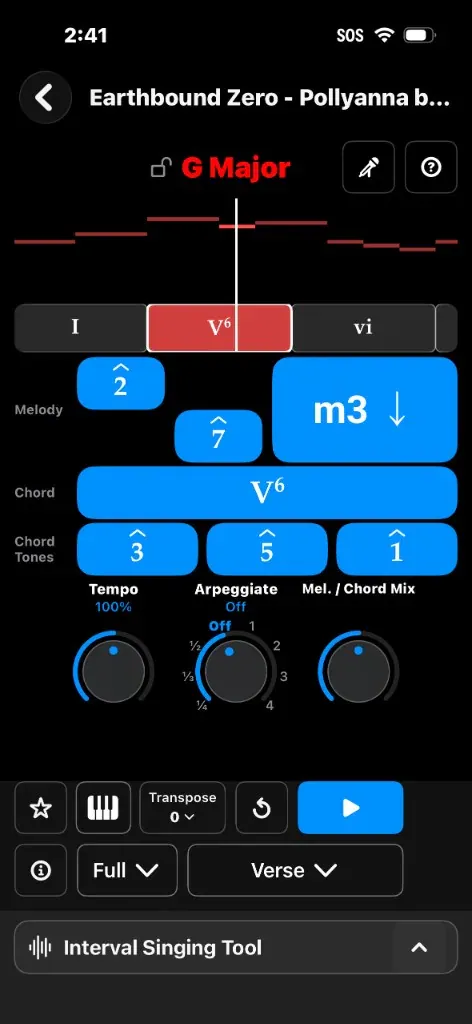 iPhone quiz for Earthbound Zero Pollyanna in G major, showing a V6 chord and Full and Verse section pickers