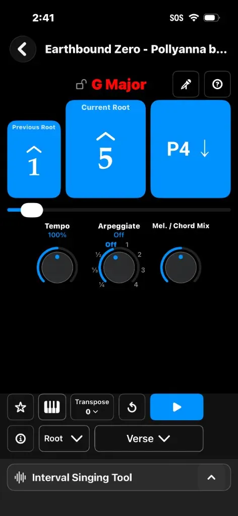 iPhone root-only quiz for Earthbound Zero Pollyanna, with previous root, current root, and a P4 interval