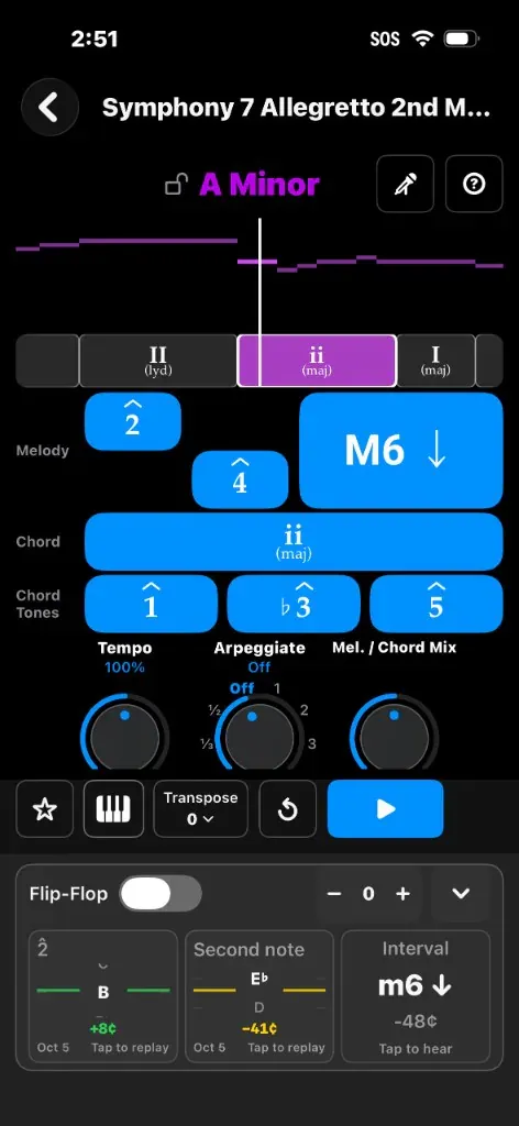 iPhone quiz for Symphony 7 Allegretto in A minor, with melody and chord-tone cards, transport knobs, and the interval singing tool