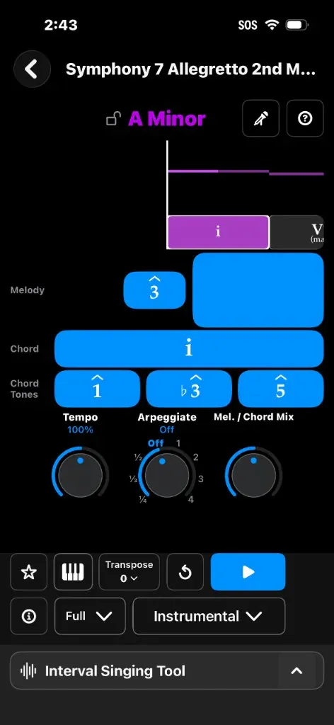 iPhone quiz for Symphony 7 Allegretto in A minor on the tonic, with the Instrumental section selected