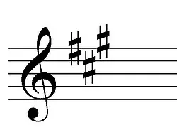 Treble-clef staff with three sharps, the key signature of A major