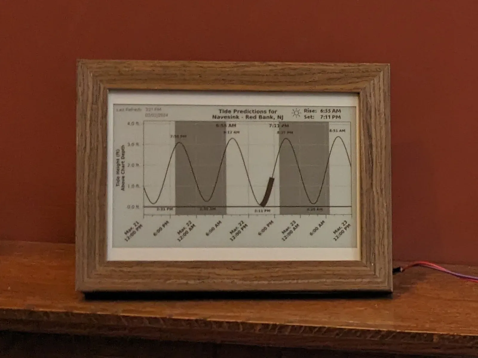 Tide Tracker unit two, front view, in a dark rustic-toned frame enclosure
