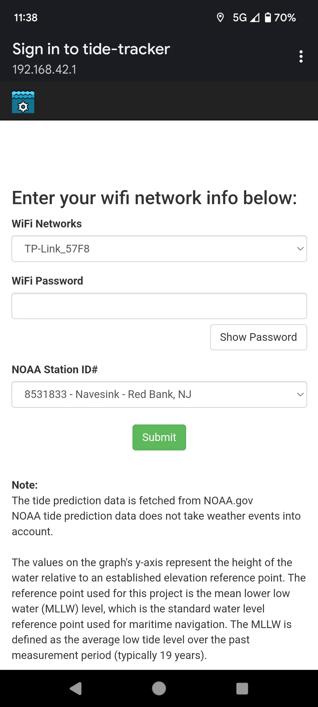 Web-based configuration page for setting WiFi credentials and the NOAA station