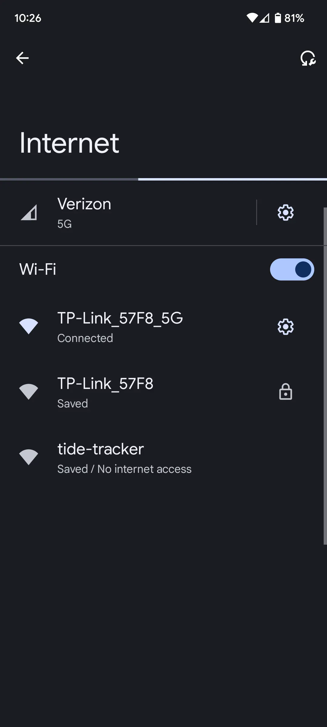 Mobile WiFi settings screen showing the tide-tracker network